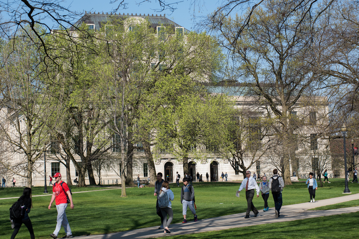 Students walk the Oval at Ohio State on a sunny day.